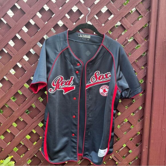 MLB True Fan Series Boston Red Sox Navy Red Button Down Jersey - Picture 2 of 7